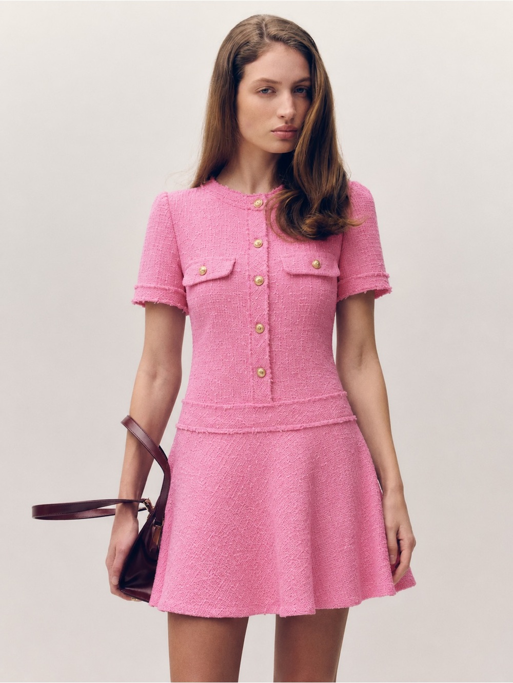 Zara | Blogger Fav Euro Summer Pink Tweed Mini Dress with Gold Buttons ~ Small